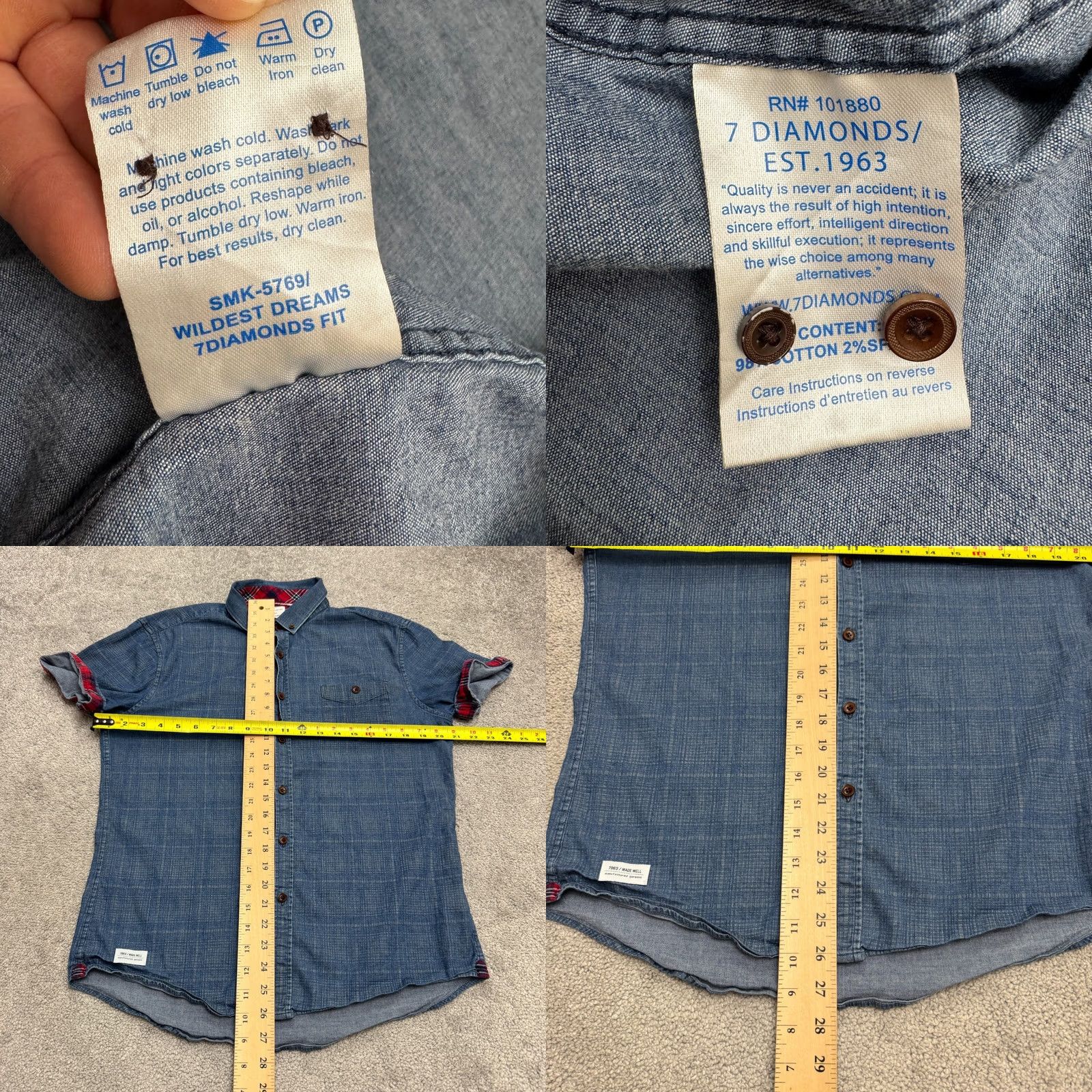 Vintage 7 Diamonds Button-Up Shirt Mens Medium Chambray Plaid Blue Red Casual Short Sleeve Casual Shirt Mens Regular Fit Size US M / EU 48-50 / 2 - 8 Thumbnail