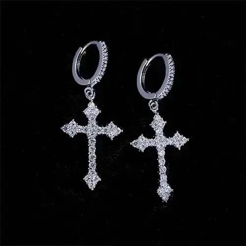 Jewelry Large Cross Diamond Earrings in Silver, Men's