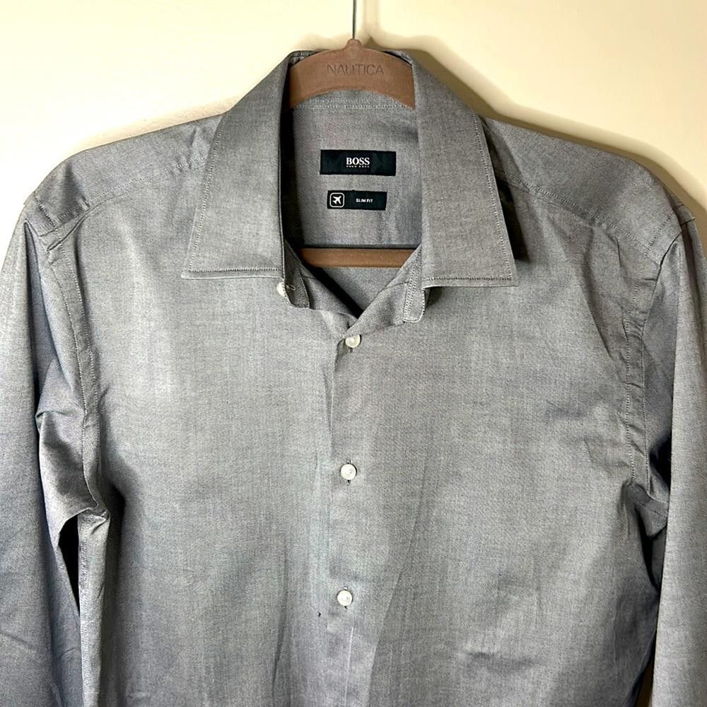 Hugo Boss Slim Fit - BOSS -sz15.5-Silver Grey-100% Ctn Travel Fabric Size 38R - 3 Thumbnail