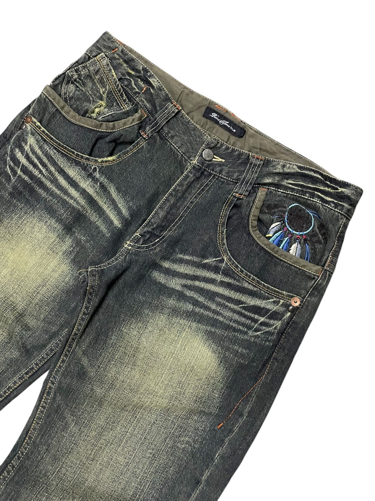 Hysteric Glamour × Roots Root Three Japan Muddy Green Flare Embroidered Native Jeans Size US 34 / EU 50 - 3 Thumbnail