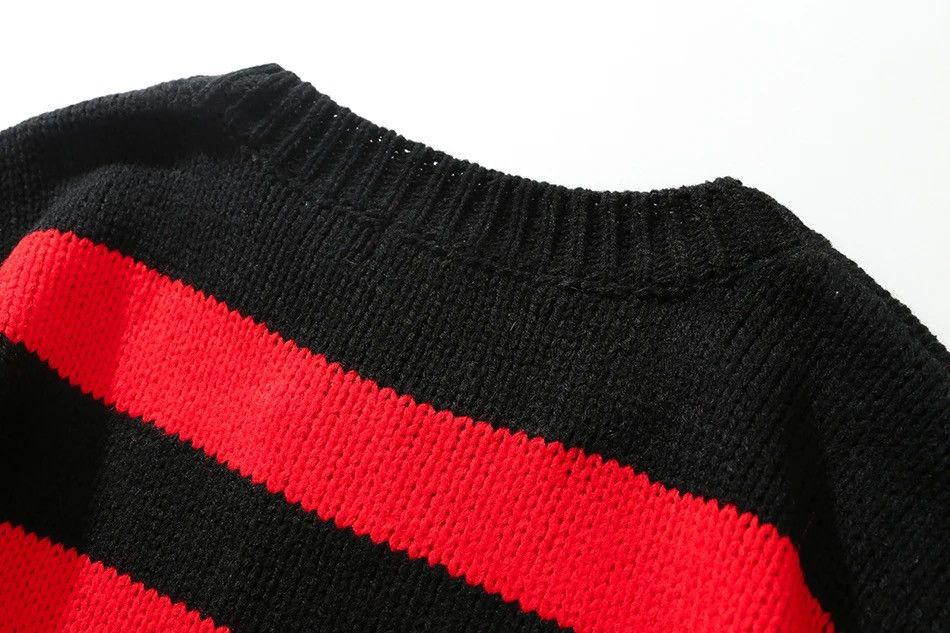 Japanese Brand × Vintage Sweater retro style loose pullover stripes torn holes fringe Size US L / EU 52-54 / 3 - 3 Thumbnail