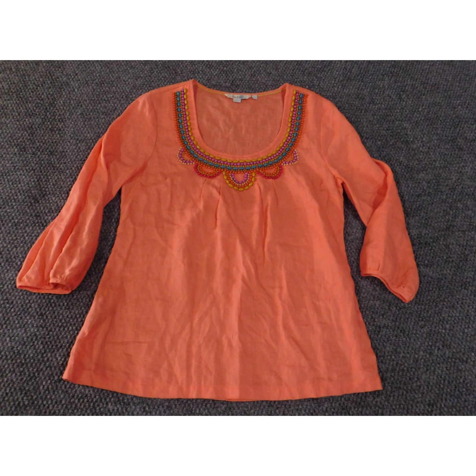 Boden Boden Blouse Womens 6 Orange Linen Beaded Embroidered Boho Shirt 3/4 Sleeve Round Neck Pullover Casual Summer Spring White? Wait. Size M / US 6-8 / IT 42-44 - 3 Thumbnail