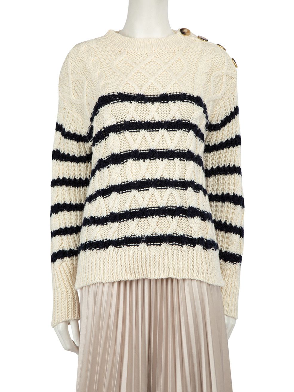 Image of Sezane Ecru Merino Wool Chunky Knit Stripe Jumper, Women's (Size XS)