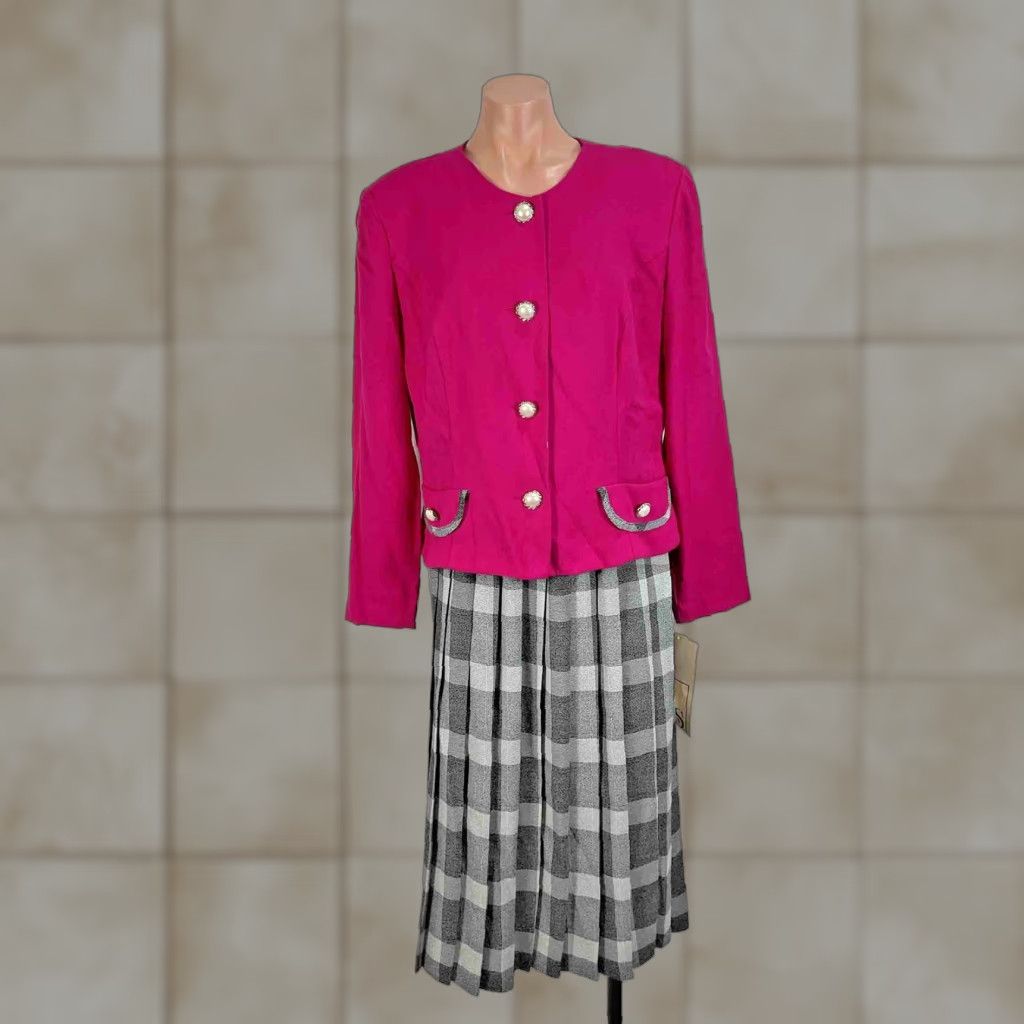 VINTAGE Lindsey Scott Pink Embellished Blazer Plaid Pleated Skirt Suit 80s NEW!!