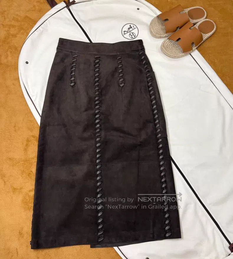 Hermes Hermes Brown Suede and Leather Weaving Skirt Size 42" / US 20 - 2 Thumbnail