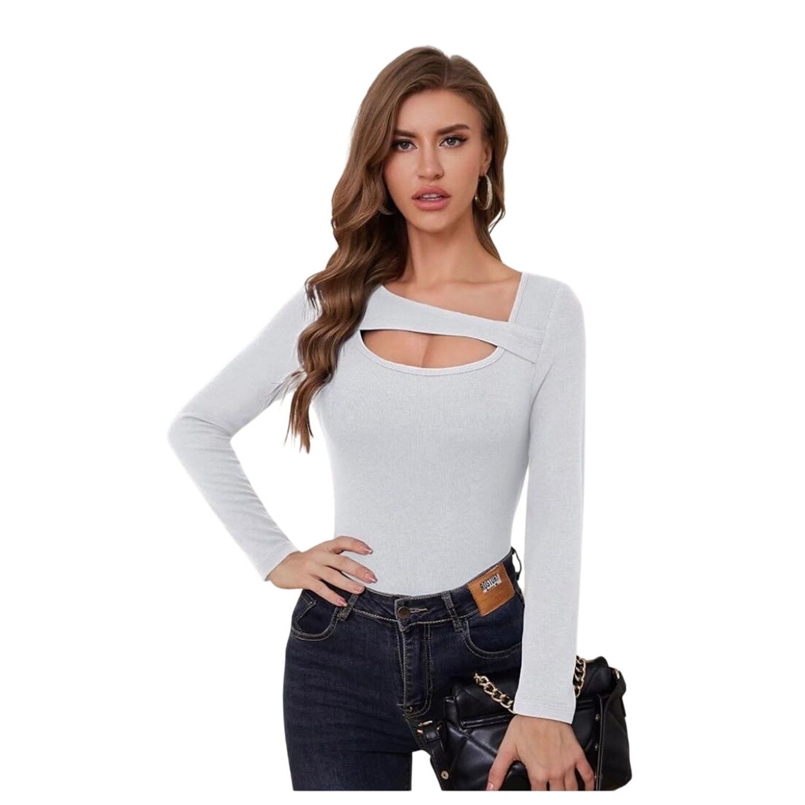 The Unbranded Brand Long Sleeve Shirts Women Ribbed 1 Piece Cutout Tops Fashion Size L / US 10 / IT 46 - 1 Thumbnail