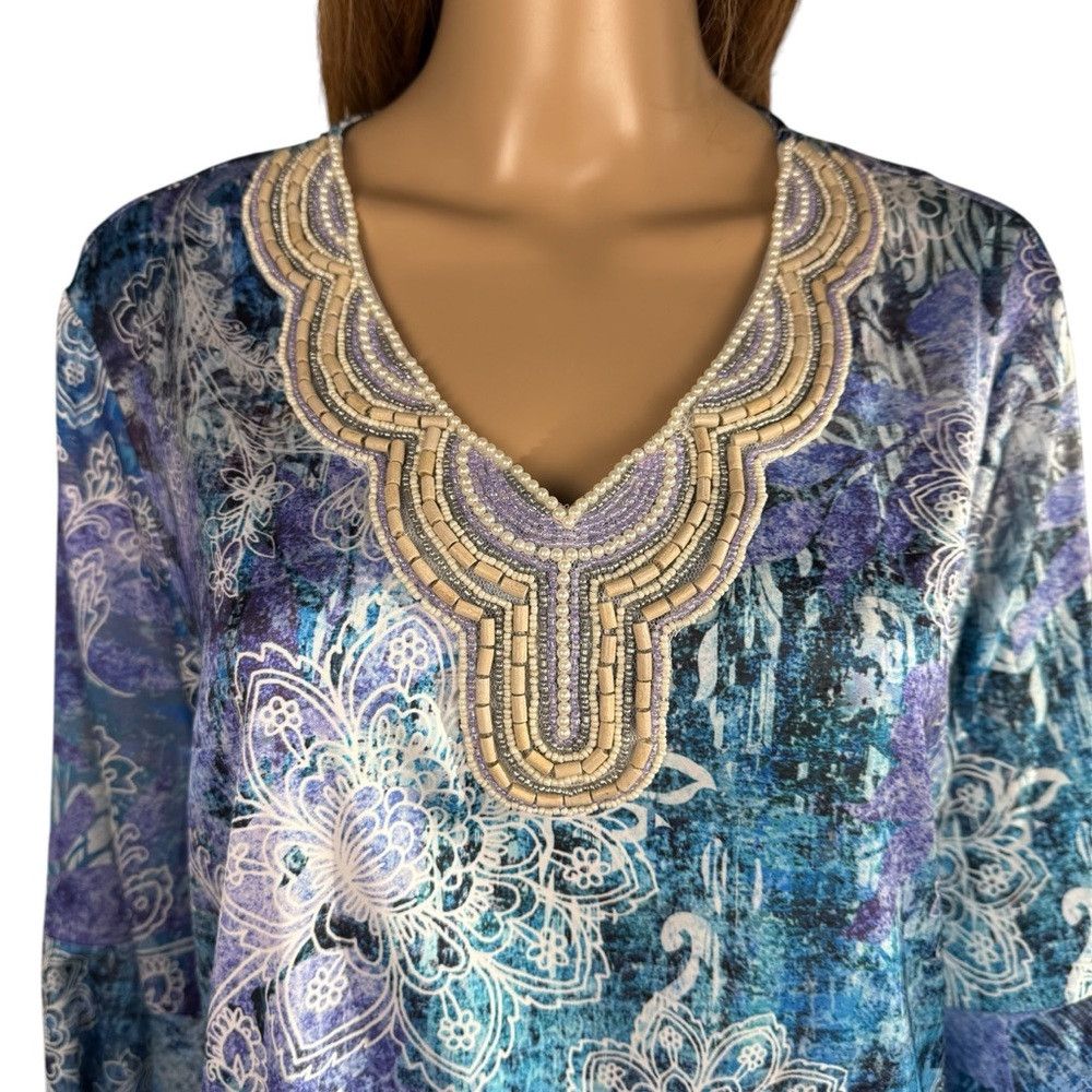 Other New Susan Graver Artisan Printed Charmeuse Blue Tunic Size Size L / US 10 / IT 46 - 3 Thumbnail