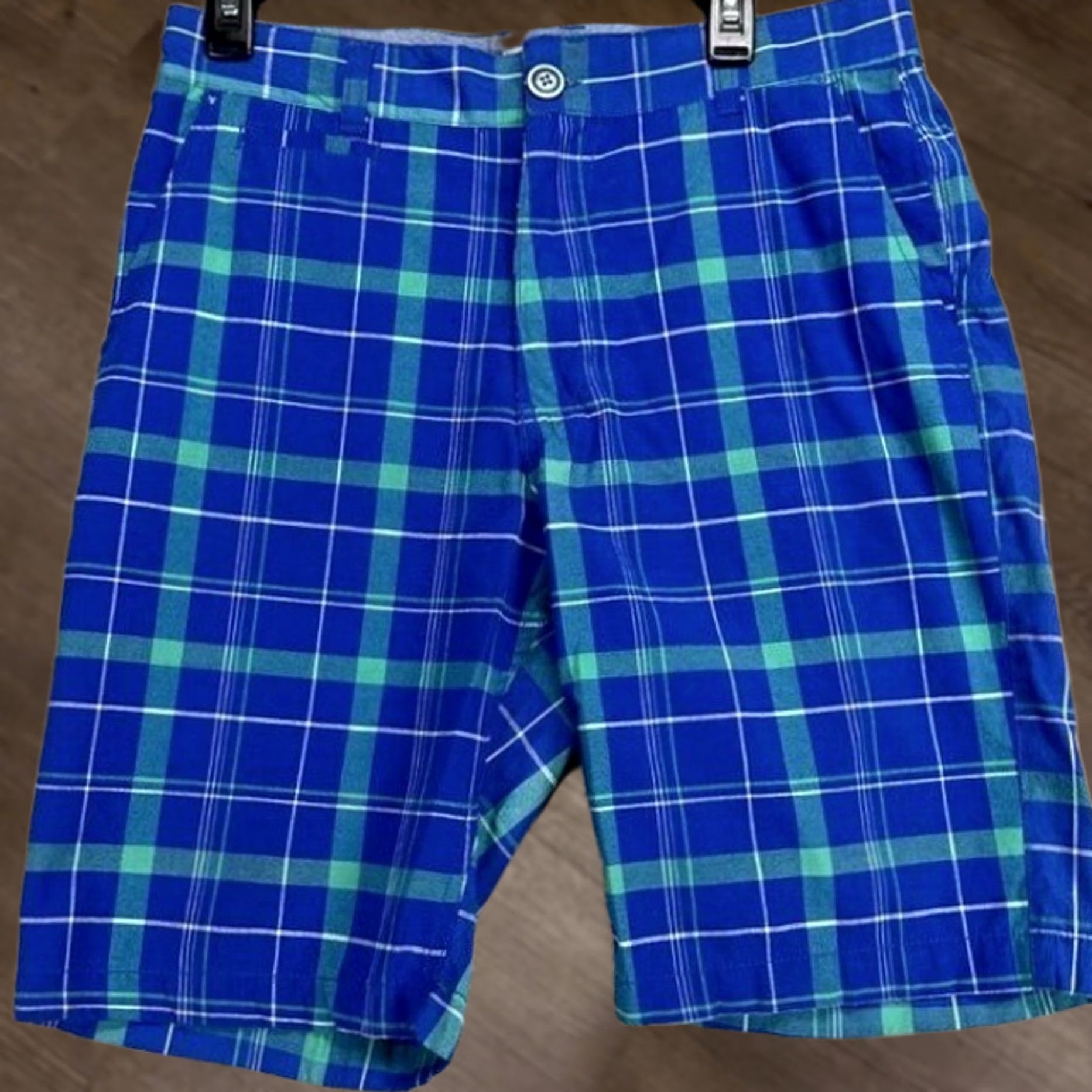 CO Islandia Clothing Co Shorts Mens 34 Blue Green Khaki Chino Plaid Flat Front EUC Size US 34 / EU 50 - 1 Thumbnail