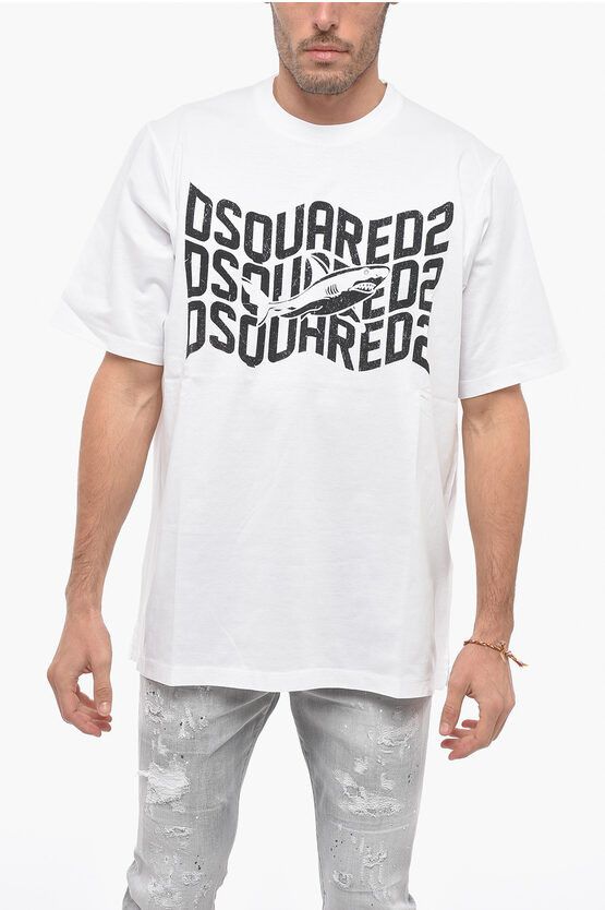 image of Dsquared2 Crew Neck Shark Slouch Fit T-Shirt With Print in White, Men's (Size Large)