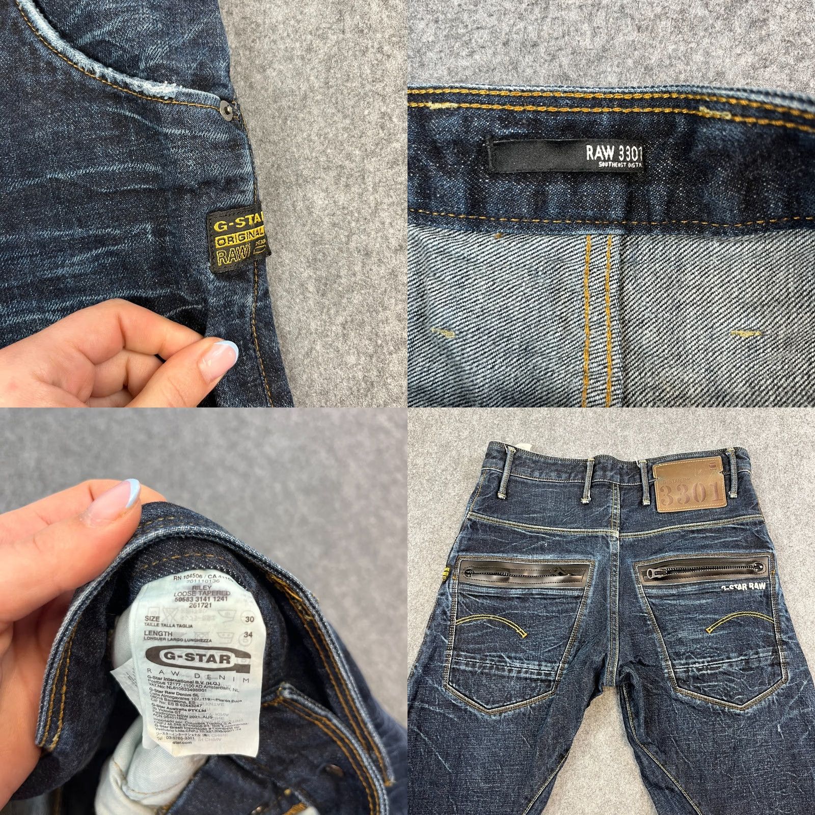 G-Star G-Star 3301 Jeans Arc Loose Tapered Denim Dark Wash Blue Whiskers 30 Regular Men Mens 5-Pocket Vintage No Zip Button Dark Wash Jeans Size US 30 / EU 46 - 8 Thumbnail