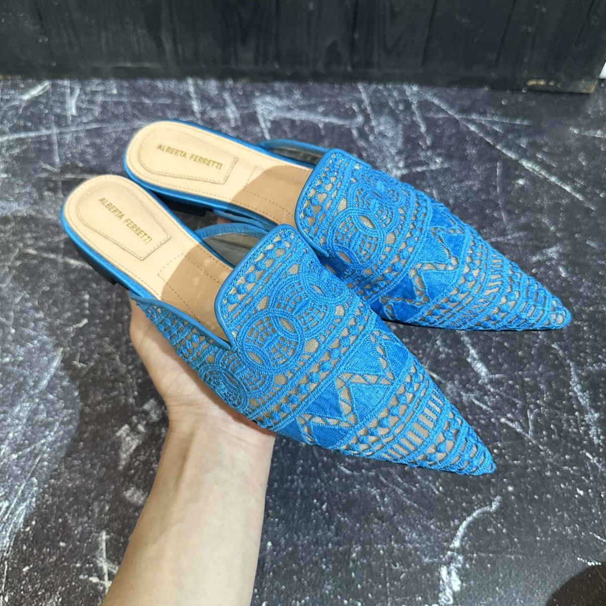 Alberta Ferretti Blue Lace and Satin trim Flat mules size 41
