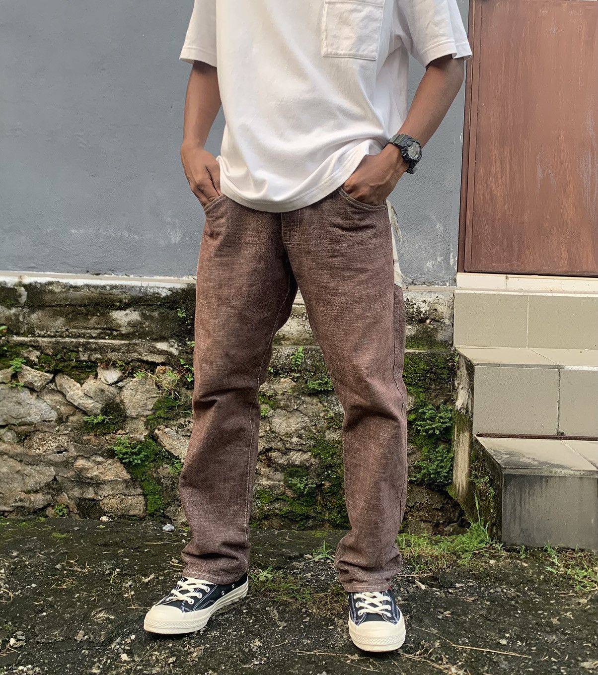 Vintage 👹VINTAGE CONCAVE DISTRESSED POCKET BROWN DENIM Size US 31 - 4 Thumbnail