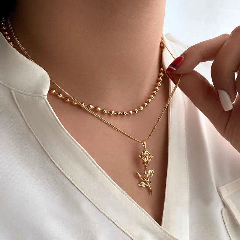 Jewelry Double Layer Rose Chain Pendant Necklace Size ONE SIZE - 1 Thumbnail