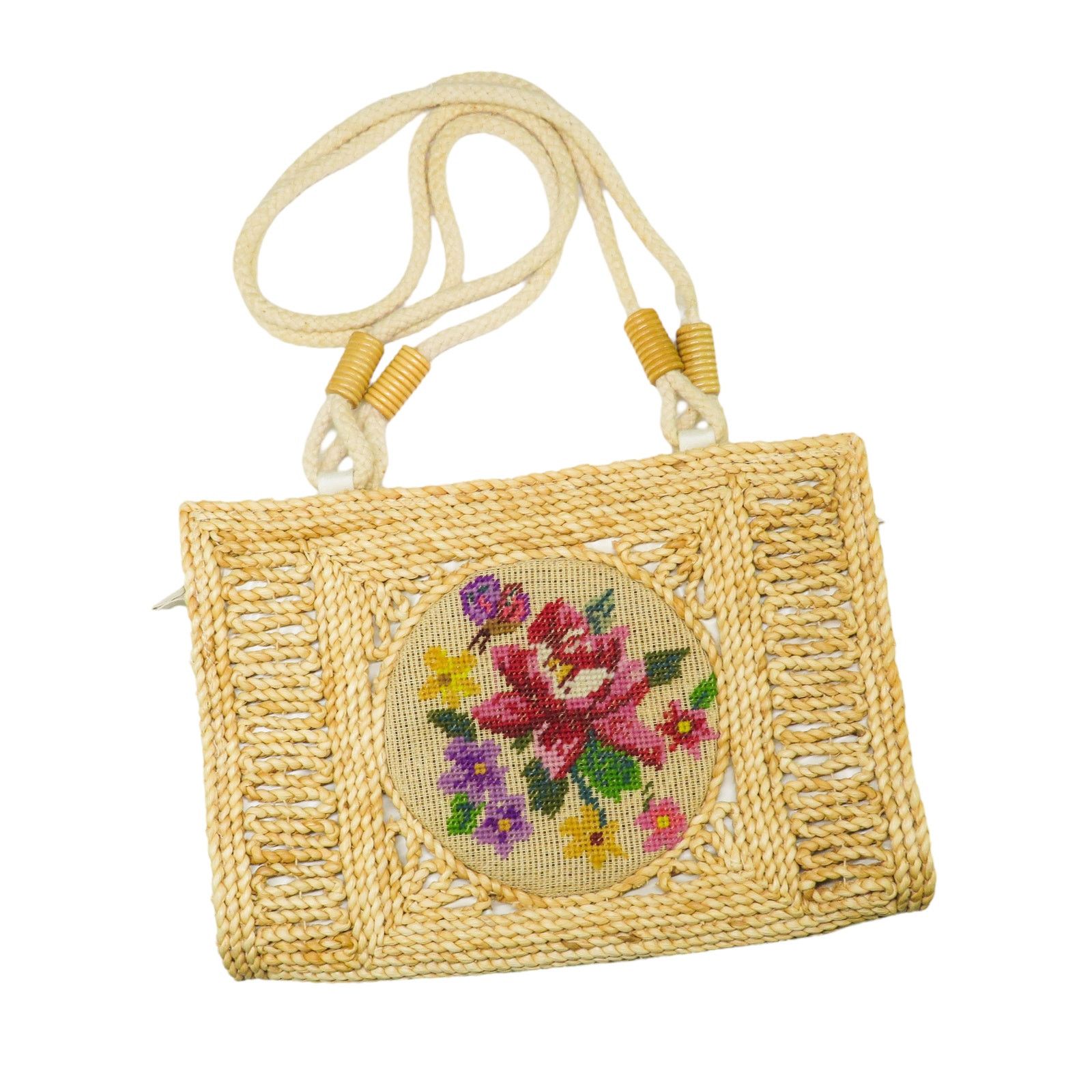 1970S Vintage Floral Cross Stitch Woven Crossbody Basket Bag in Brown, Women's