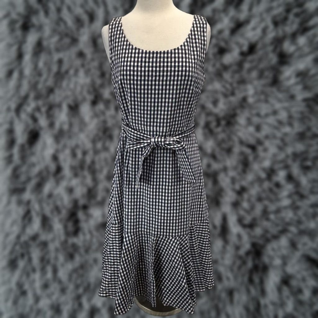 VINTAGE J.CREW Midi Dress Size 12 Women's Navy White Gingham Ruffle Hem  Sleeveless Tie Coastal