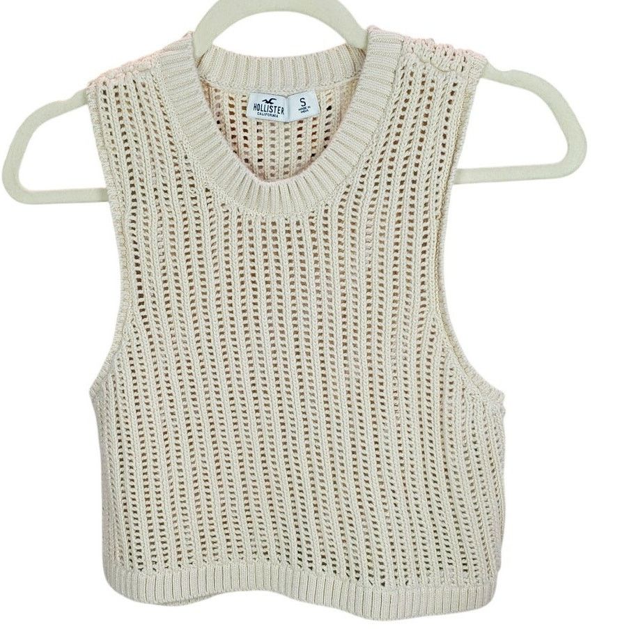 Hollister Hollister Crochet Knit Cotton Crop Sweater Vest Beige Size S Size S / US 4 / IT 40 - 1 Thumbnail