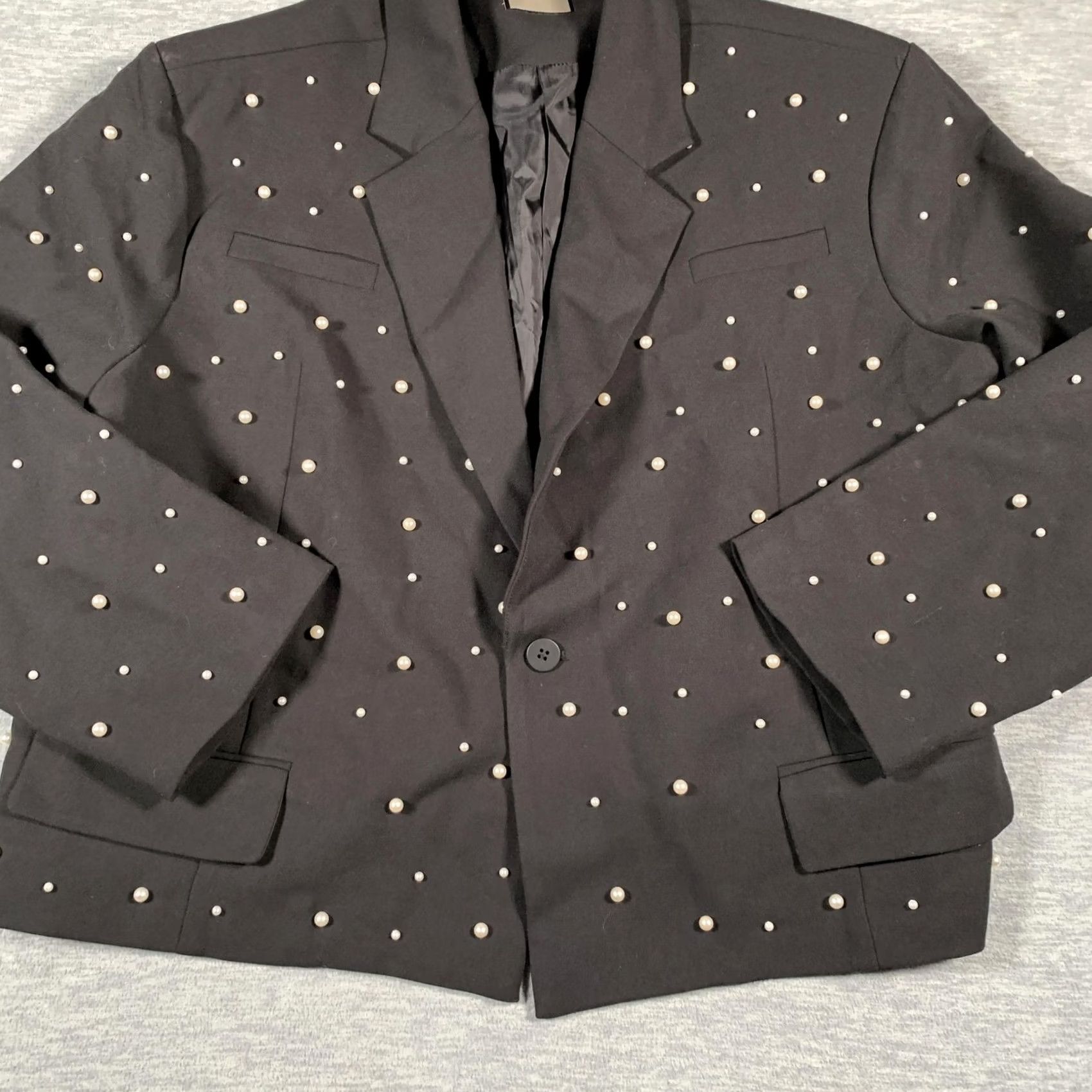 Vintage ORTTU Blazer Men One Size Black Pearl Studded Embellished Single Button Beaded Jacket Size 44L - 3 Thumbnail