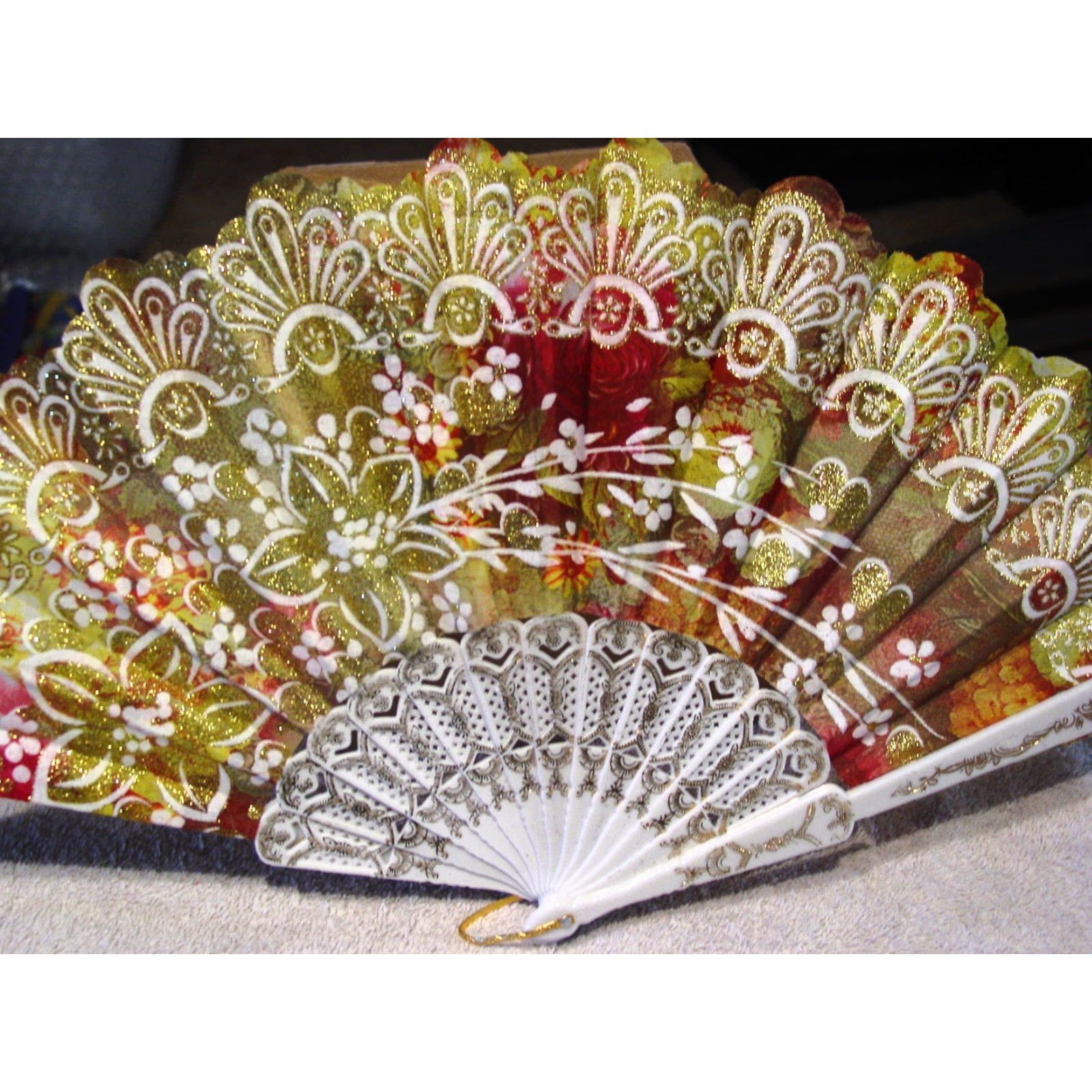Vintage Vintage Hand Fan with Flowers Small Hand Fan 16 Inch Large Floral Decor Office Gift Size ONE SIZE - 2 Thumbnail