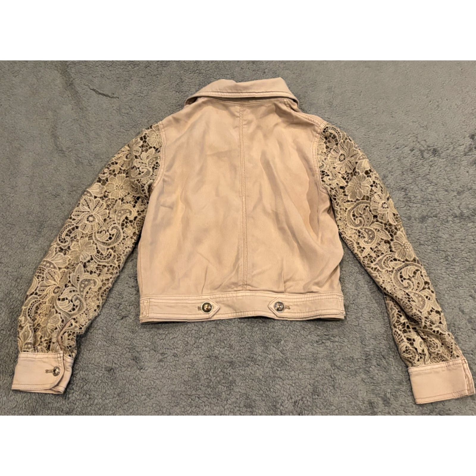 White House Black Market VINTAGE? No — White House Black Market Cropped Jacket Womens 00 Beige Lace Sleeves Button Shirt Womens Regular XS? Size XXS / US 00 / IT 34 - 6 Thumbnail