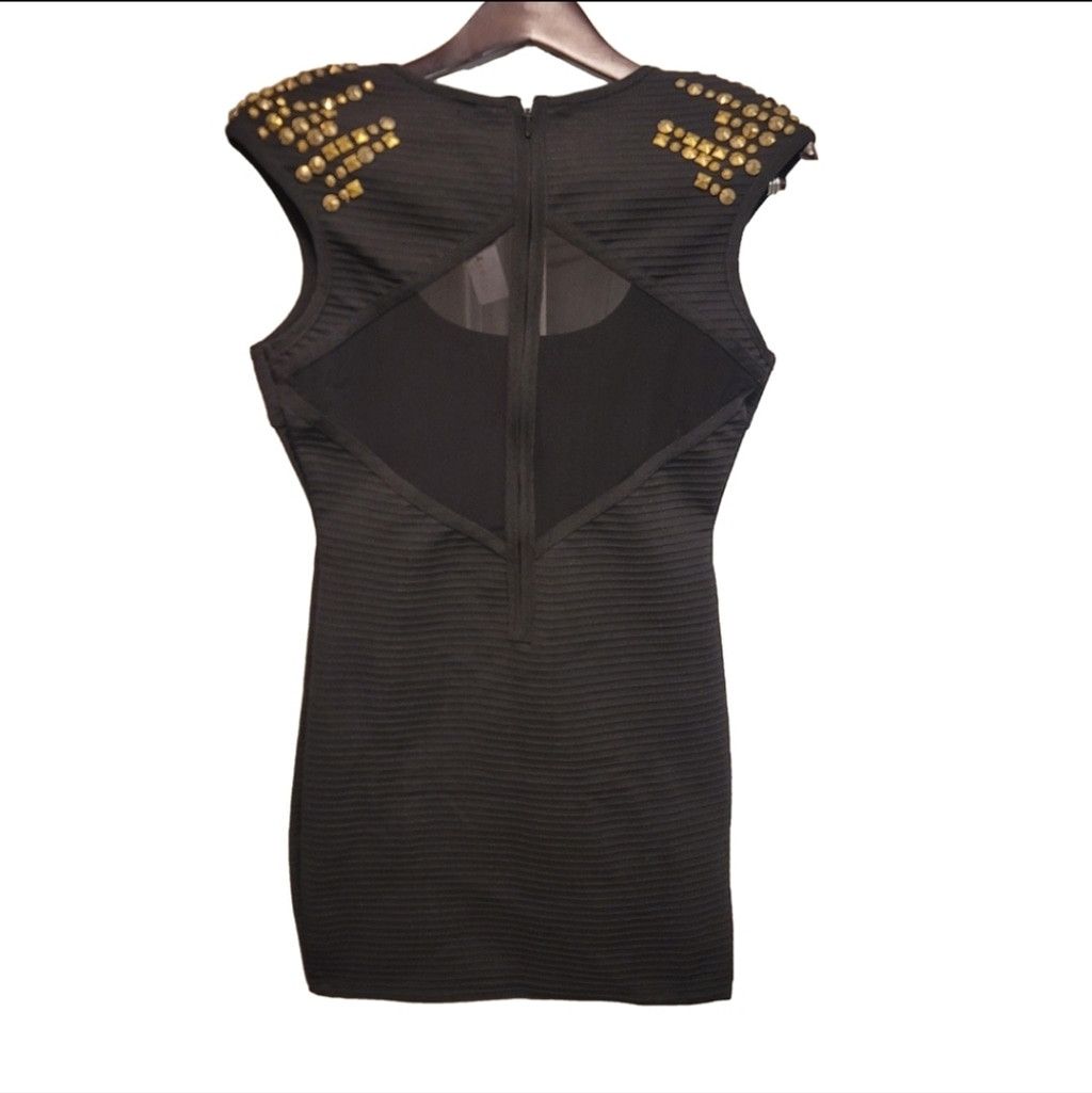 Bebe NWT B2 by Bebe Gold Studded Black Bodycon Mini Dress Size M / US 6-8 / IT 42-44 - 2 Thumbnail