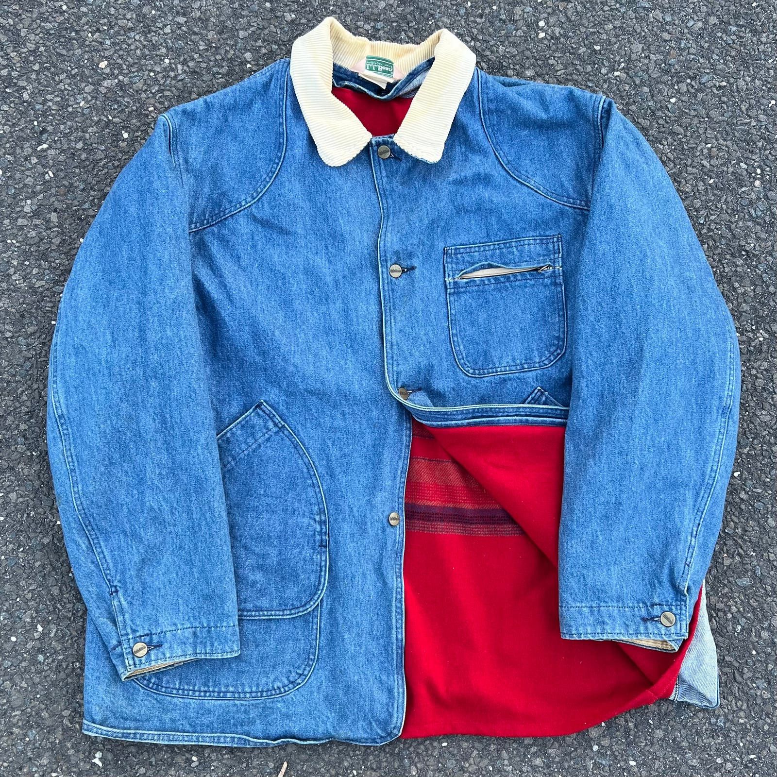 image of L L Bean x Vintage Ll Bean 80's Denim Red Lined Chore Barn Jacket Coat in Blue, Men's (Size XL)