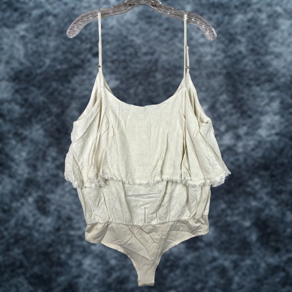 Vintage Promesa Bodysuit Womens 2XL Beige Linen Rayon Fringe Boho Snap Festival Satin? Size XXL / US 16-18 / IT 52-54 - 1 Thumbnail