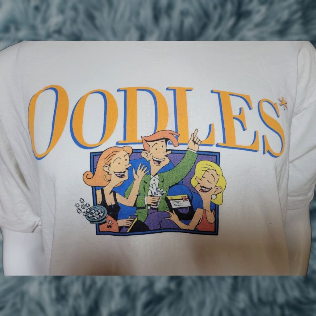 Vintage VTG Oodles Board Game Single Stitch T Shirt XL White Men Short Sleeve T-SHIRT Cotton Blend Screen Stars MB Trivia Party Size US XL / EU 56 / 4 - 1 Thumbnail