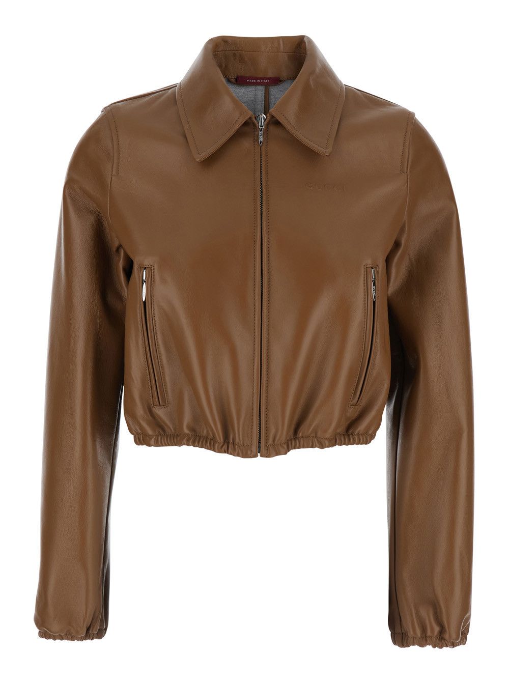 Gucci Brown Leather Crop Jacket with Classic Collar and Tone-on-Tone Lettering Logo on the Front for Women Size M / US 6-8 / IT 42-44 - 1 Thumbnail