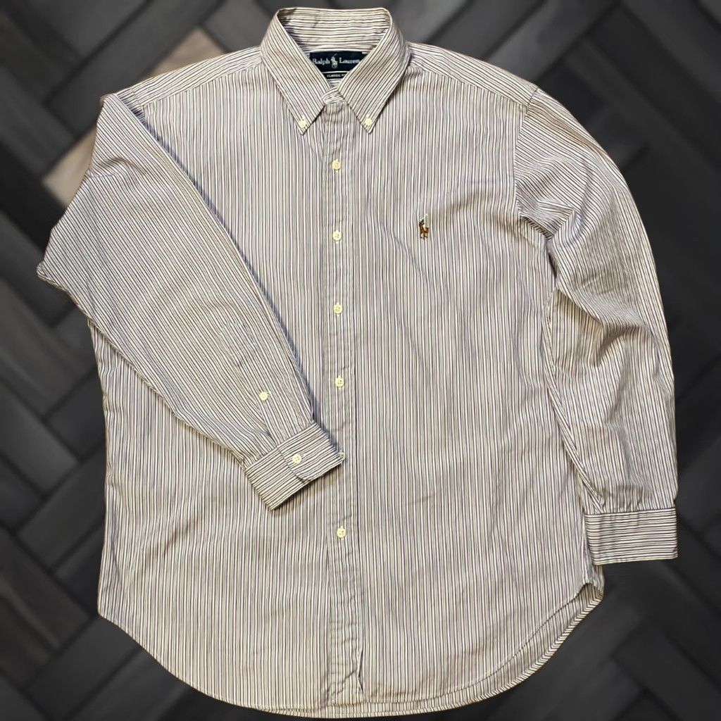 Polo Ralph Lauren VINTAGE Polo Ralph Lauren Dress Shirt Mens 16.5 Purple Stripe BD 32/33 Made in Hong Kong Cotton Size US XL / EU 56 / 4 - 1 Thumbnail