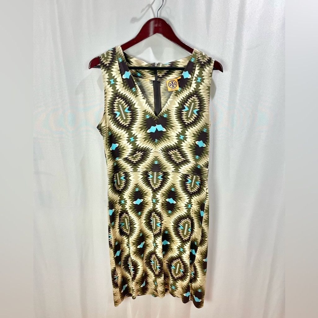 Tory Burch Tory Burch 100% Silk Brown Aztec V Neck Midi Dress Size L Size L / US 10 / IT 46 - 2 Thumbnail