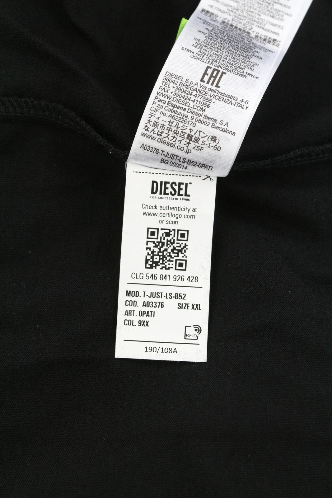 Diesel T-JUST-LS-B52 2XL Black Tricot Printed T-Shirt 40997 Size US XXL / EU 58 / 5 - 10 Thumbnail