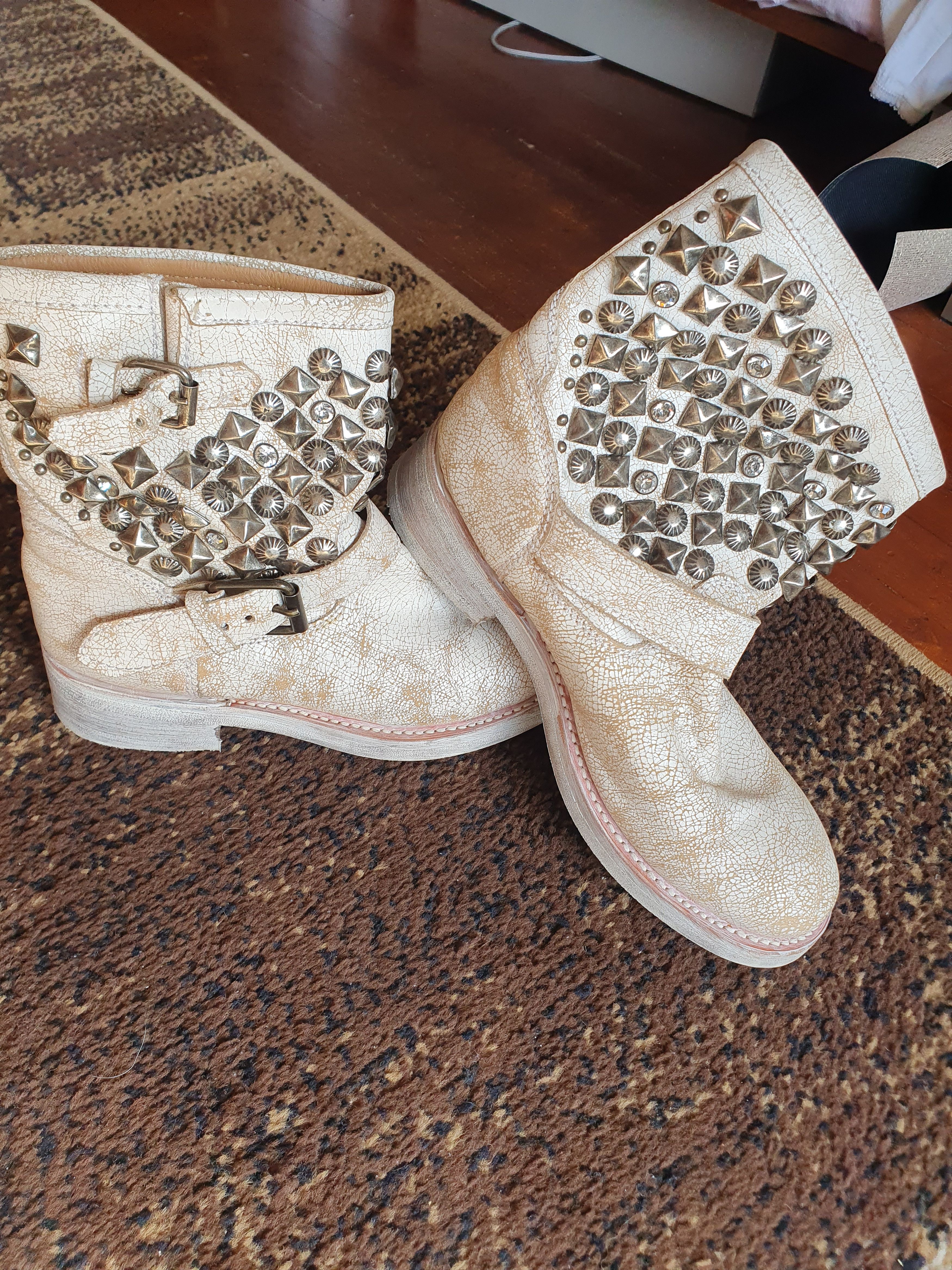 image of Ash Titanic Distressed Leather Studded Rocker Biker Boots 39 in White, Women's