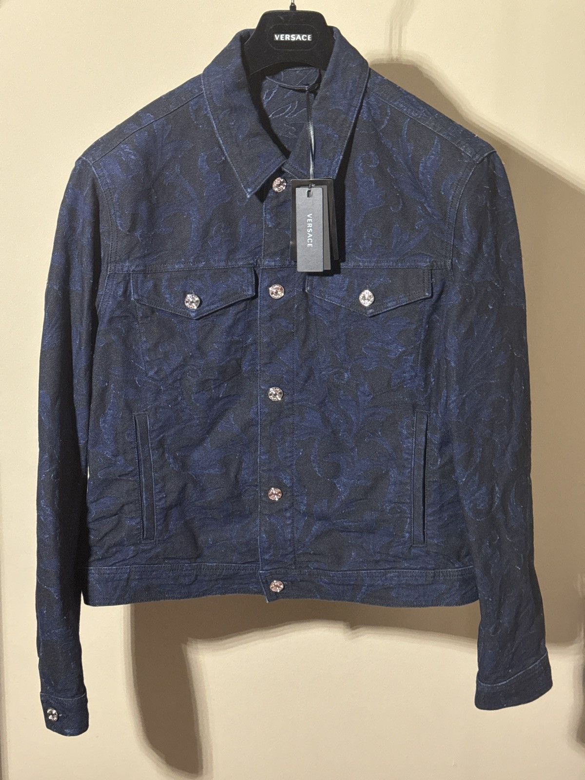 Versace Versace Blue/Black Barocco Jacquard Denim Button Down Jacket Size US XL / EU 56 / 4 - 1 Thumbnail