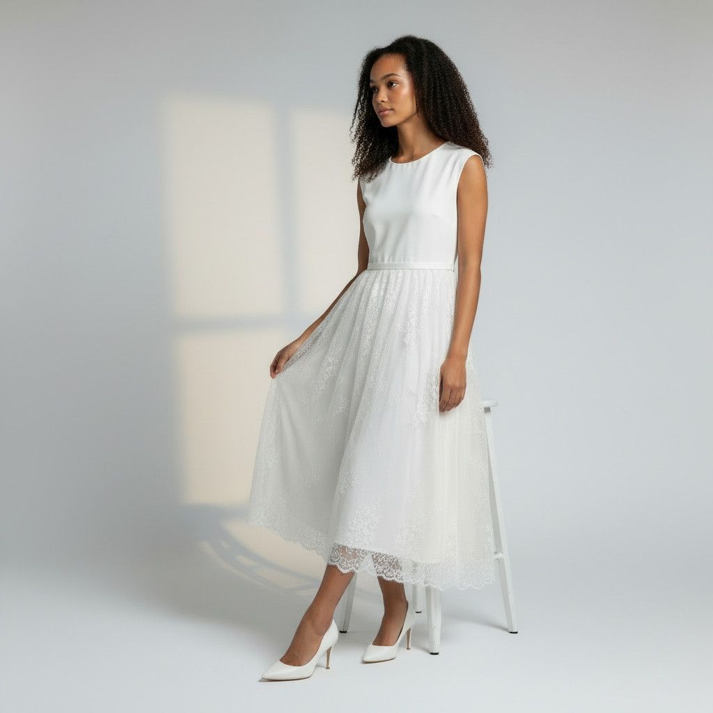 Elegant White Tulle and Lace Midi Dress - Romantic Style