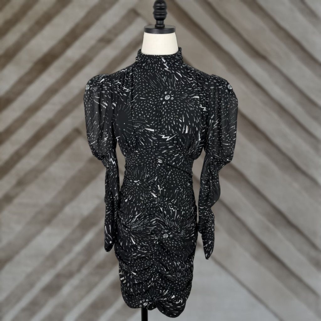 VINTAGE Bardot Ruched Mini Dress Womens 6 / Small Constellation Print Puff Sleeve Black