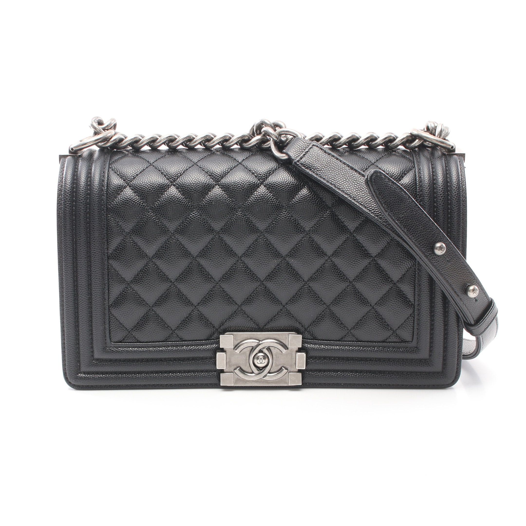 Chanel Boy Chanel Matelasse Chain Shoulder Bag Caviar Skin Black Silver Hardware