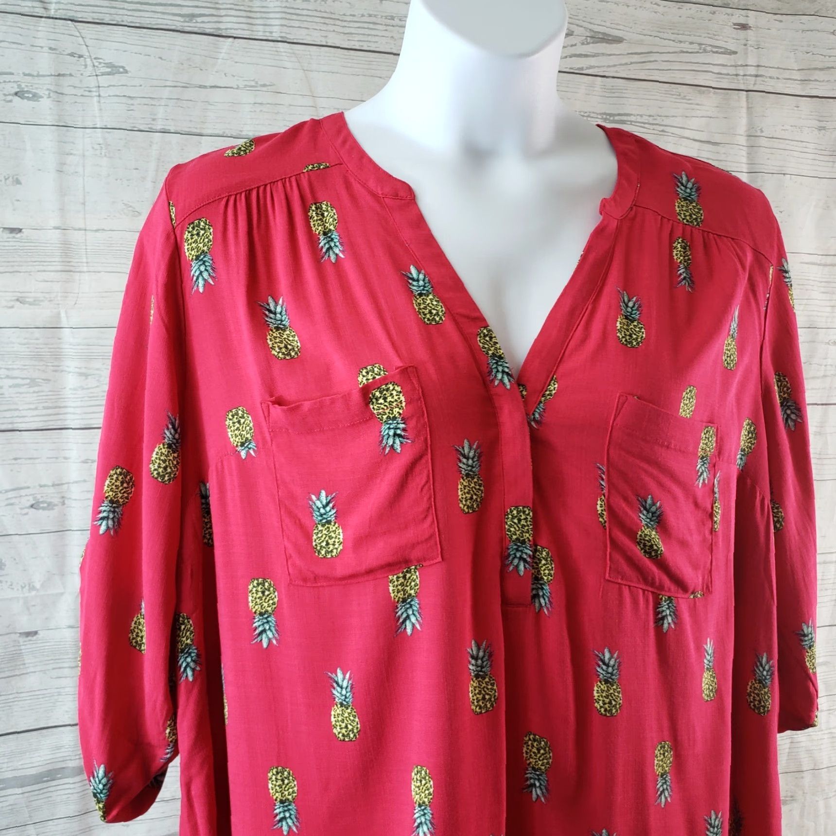 Torrid Torrid Harper Popover Top Blouse Women Pink 3/4 Sleeve Size 2X Plus Pantone Pineapples Night? Size XXL / US 16-18 / IT 52-54 - 2 Thumbnail