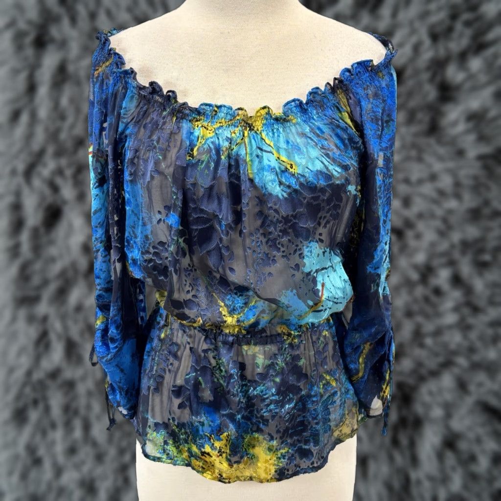Vintage VINTAGE Cache Silk Blend Sheer Blouse XS Blue Off Shoulder Fairy Bohemian Y2K Womens Size XS / US 0-2 / IT 36-38 - 1 Thumbnail