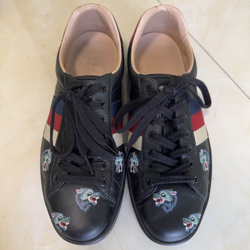 Gucci Gucci Ace Black Leather Sneakers with Wolf Design Size US 8.5 / EU 41-42 - 2 Thumbnail