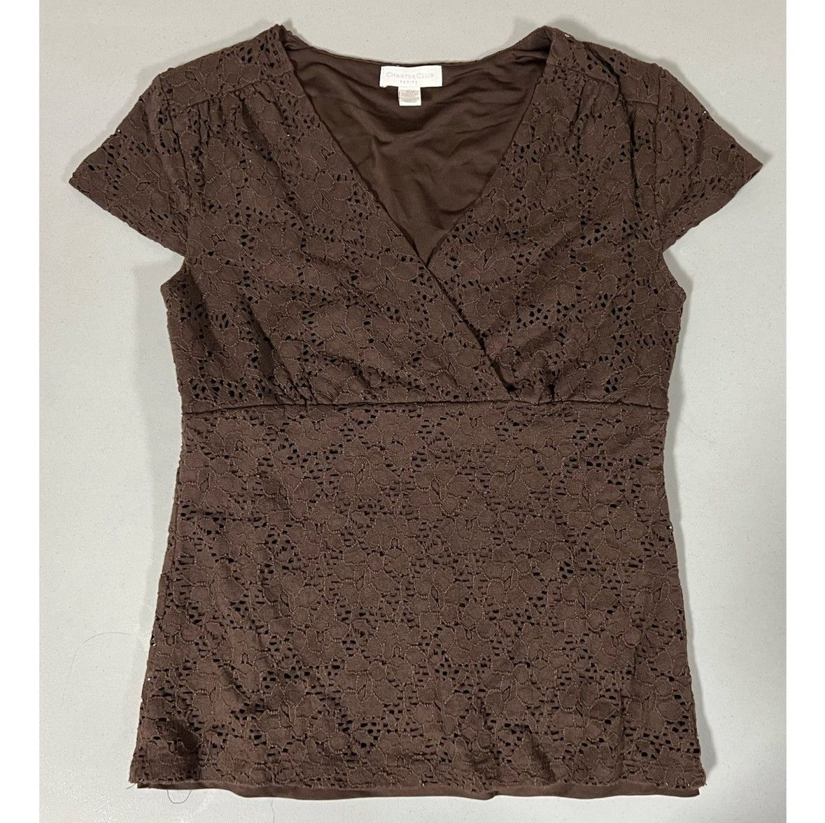 Charter Club Brown Eyelet Floral Short Sleeve Shirt Top Blouse Size S 🤎✨ Size S / US 4 / IT 40 - 1 Thumbnail