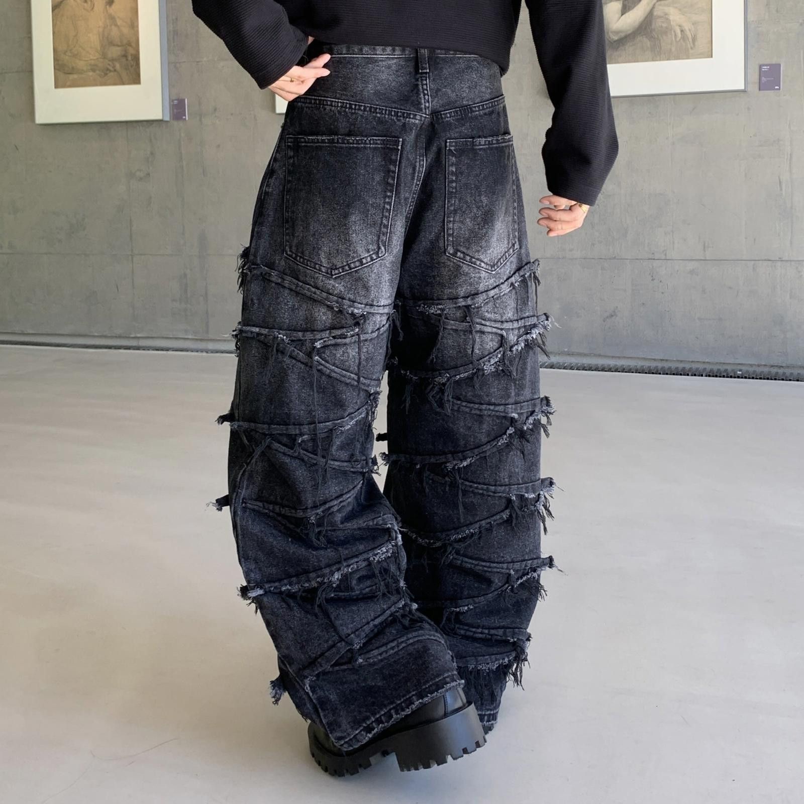 Black Distressed Wide Leg Jeans, Baggy Denim Pants