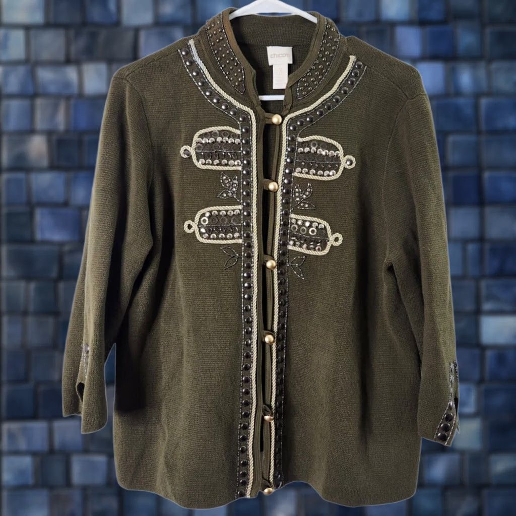 Vintage Chicos Women's Sweater Cardigan 3/4 Sleeve Petite Olive Green Embroidered Beaded Size XS / US 0-2 / IT 36-38 - 1 Thumbnail