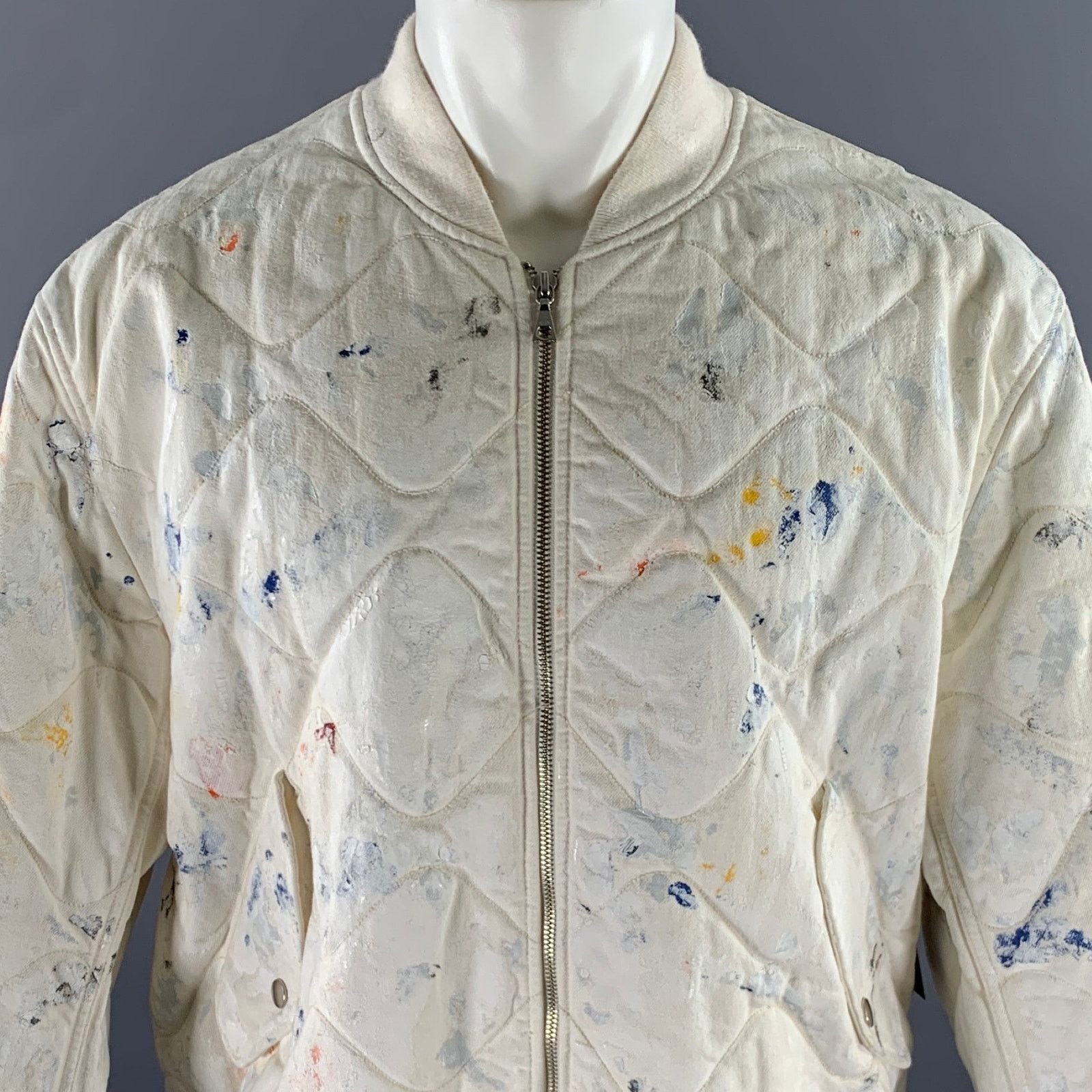John Elliott JOHN ELLIOTT XL White Paint Splatter Cotton Bomber Jacket Size US XL / EU 56 / 4 - 2 Thumbnail