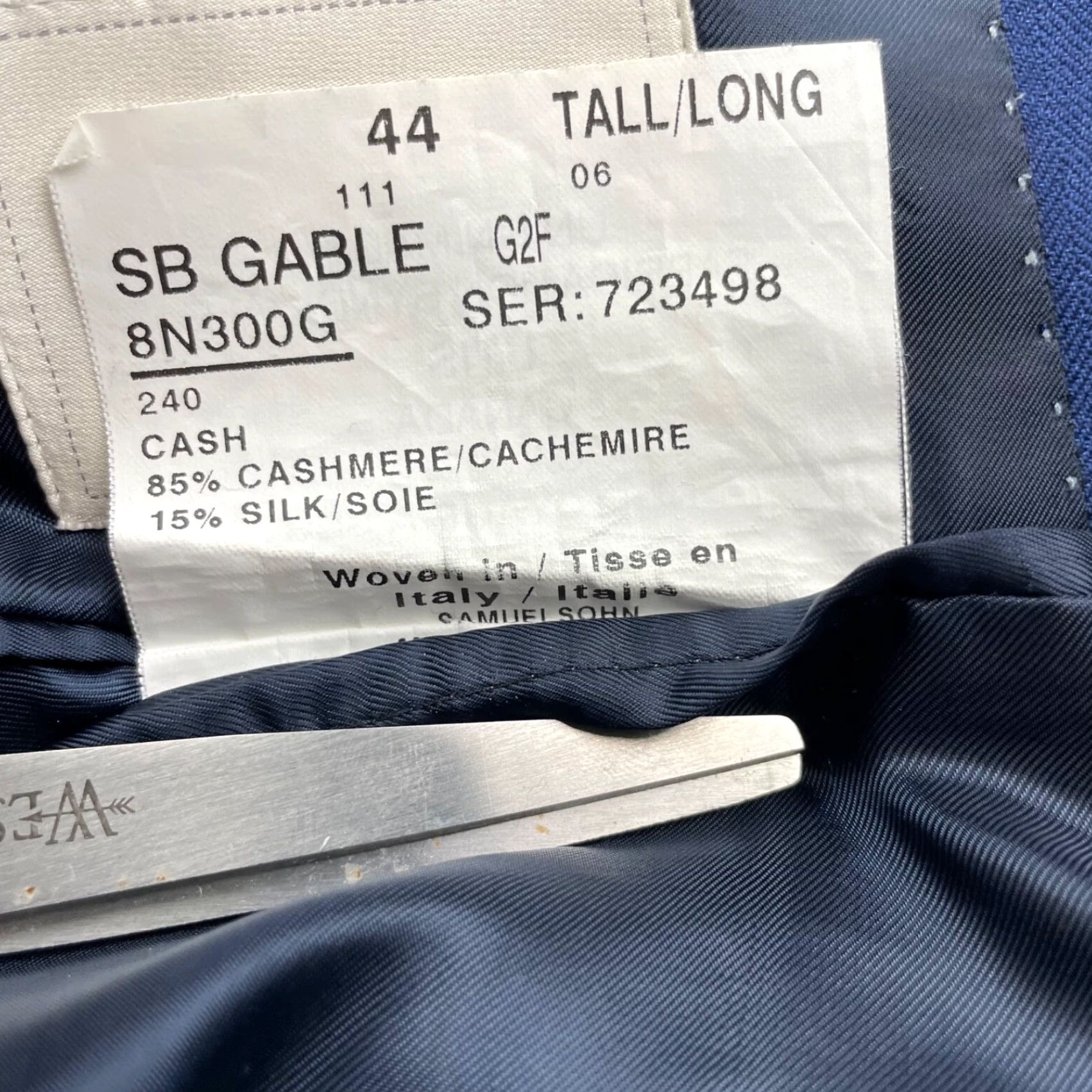 Vintage Samuelsohn Blazer Men 44L Blue Stripe Cashmere Silk 2-Button Notch Lapel Long Coat Jacket Size 44R - 7 Thumbnail