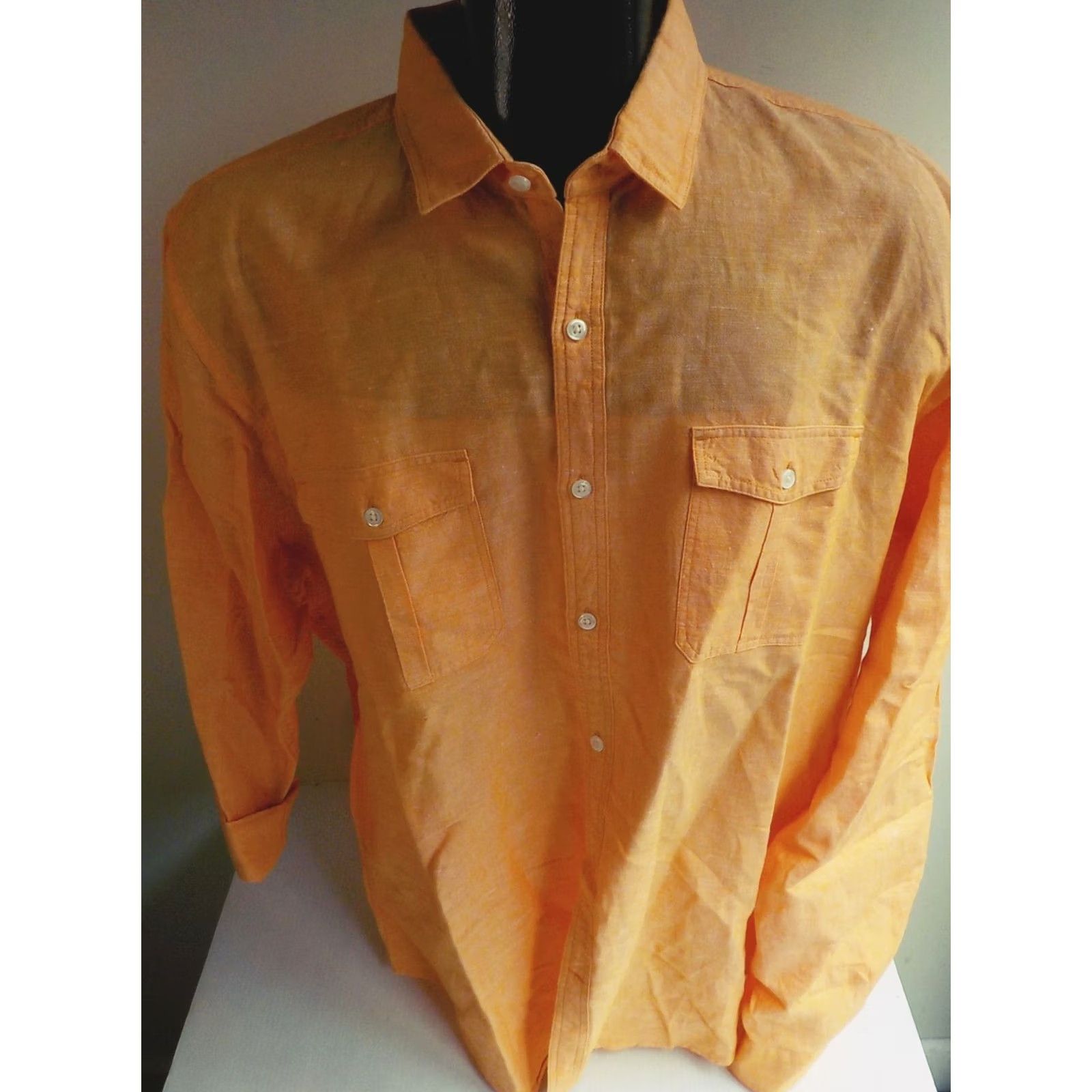 Express EXPRESS Men's Long Sleeve Button Front Linen Blend Shirt Orange XXL Size US XXL / EU 58 / 5 - 2 Thumbnail