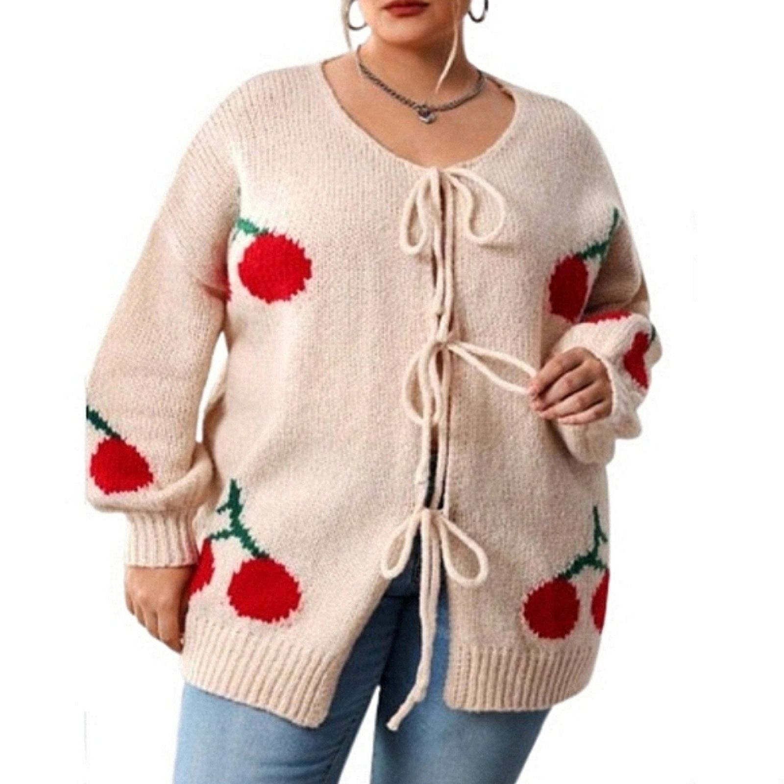 Shein JUICY CHERRIES ☆ TIE FRONT ☆ PEACHY CREAM CARDIGAN 22w ☆ NWT Size 3XL / US 20-22 - 6 Thumbnail
