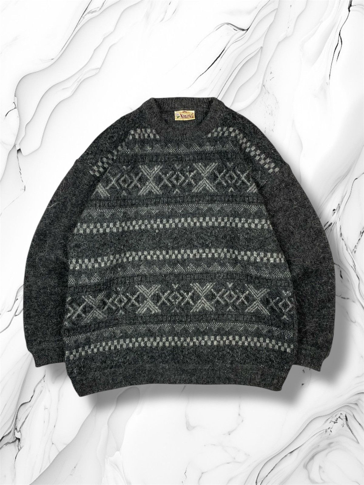 Vtg 90s Nagpal Geometric Aztec Wool Knit Gray Sweater Nordic