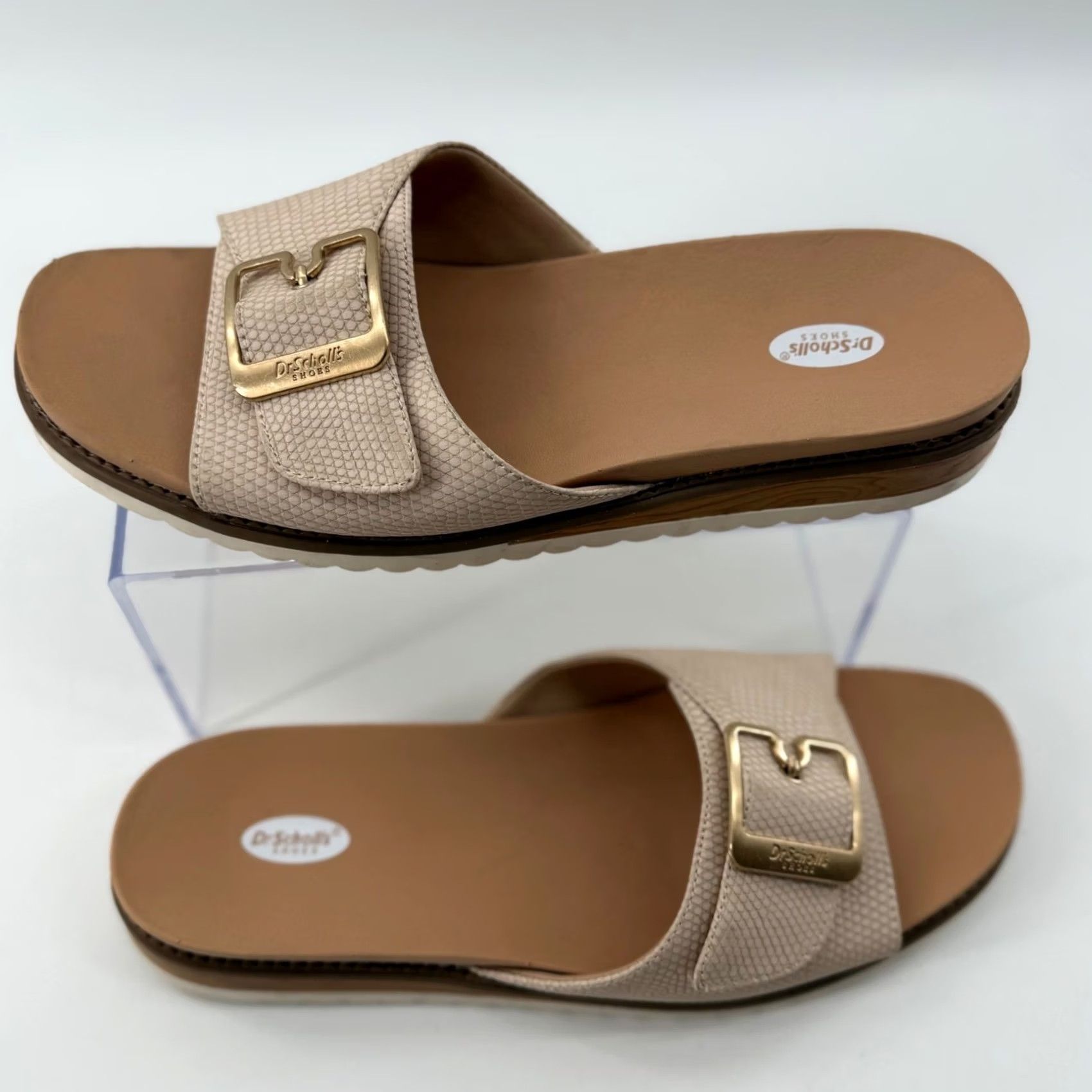 Vintage Dr Scholls Womens 9.5 Slide Sandals Beige Snake Print Buckle Platform Comfort Size US 10 / IT 40 - 3 Thumbnail