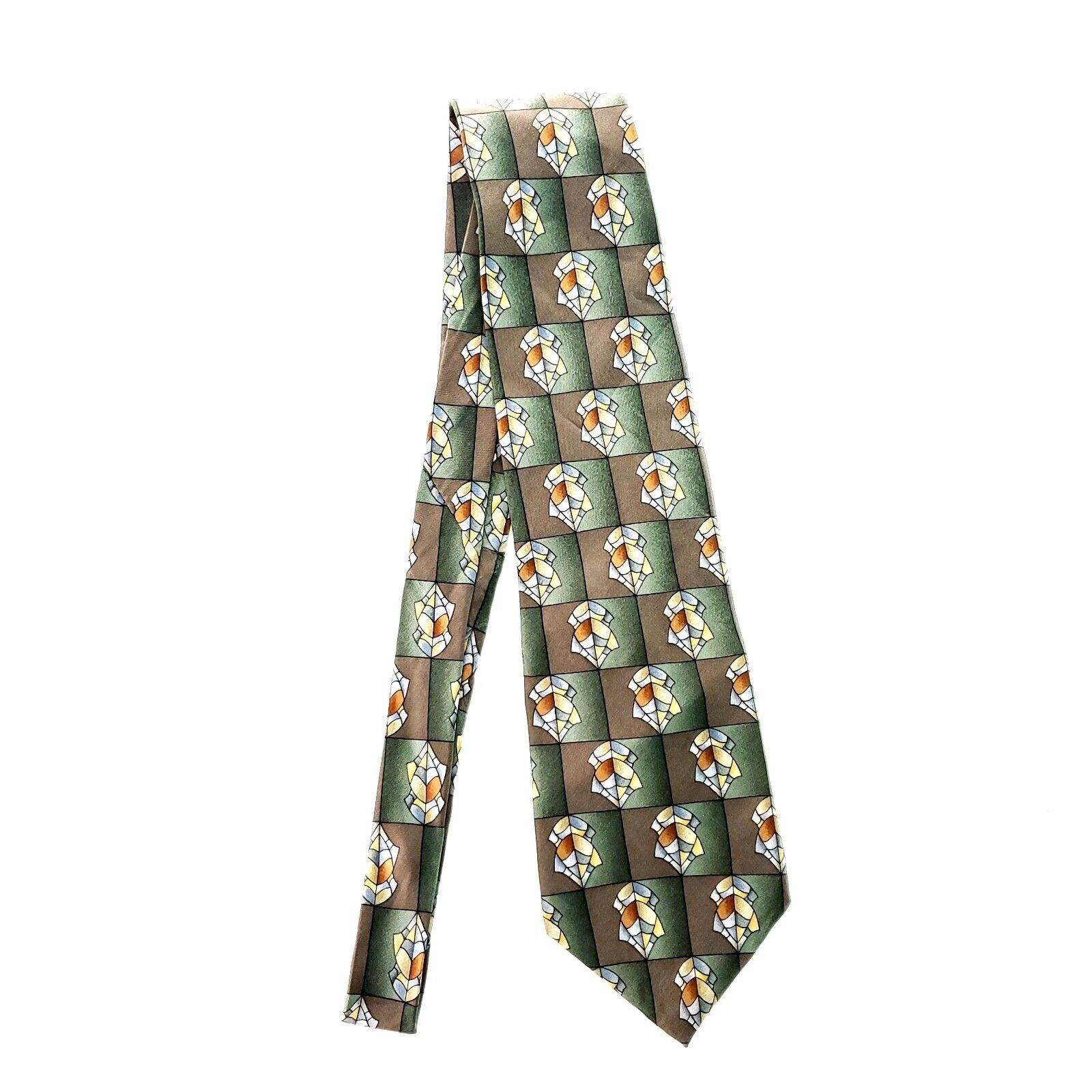 Vintage Cocktail Collection Silk Tie Green Brown Geometric USA Hands Size ONE SIZE - 8 Thumbnail