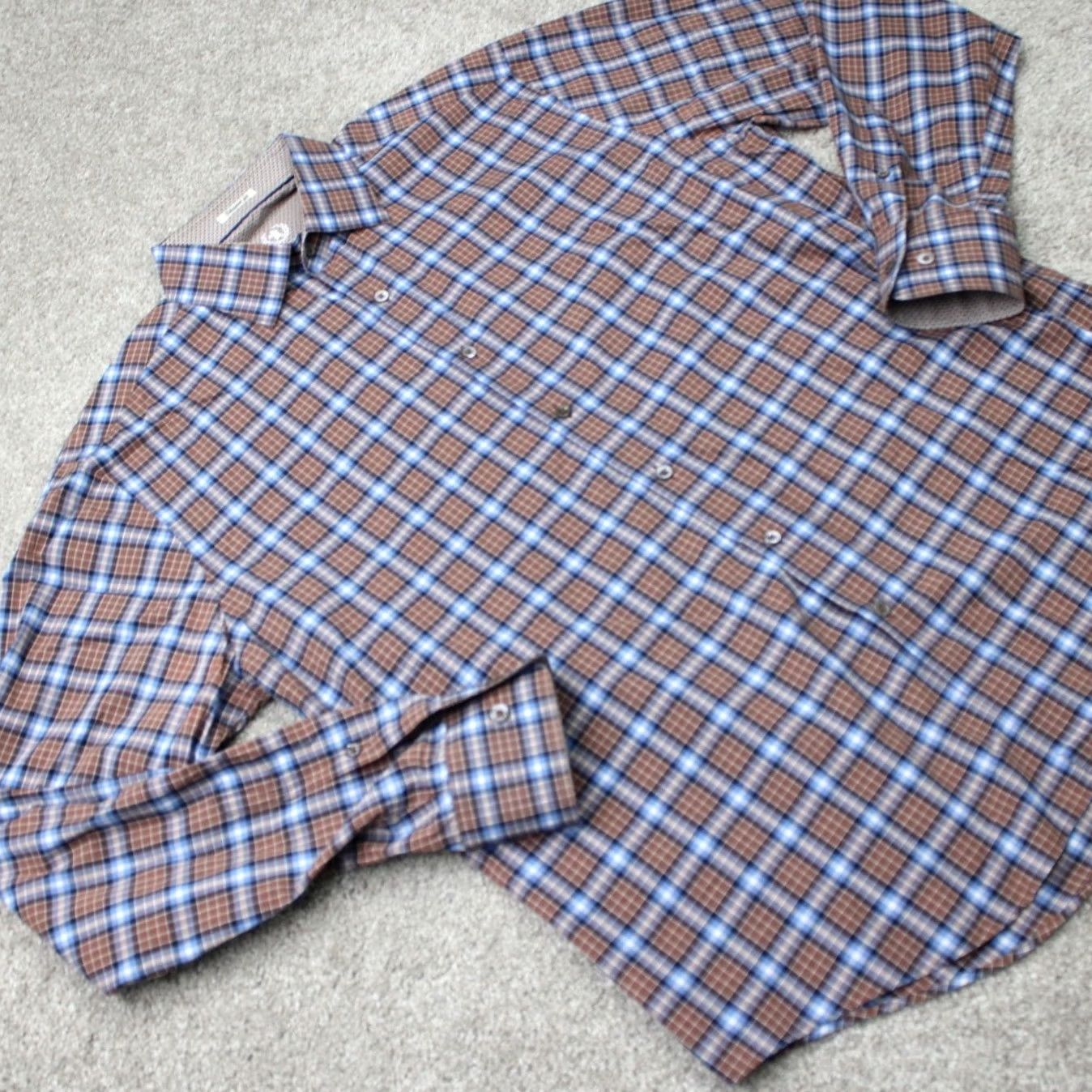 BUGATCHI Bugatchi Uomo Shirt Men Large Brown/Blue Shaped Fit Button-Up Long Sleeve Cotton Plaid Collar Spread Size US L / EU 52-54 / 3 - 5 Thumbnail